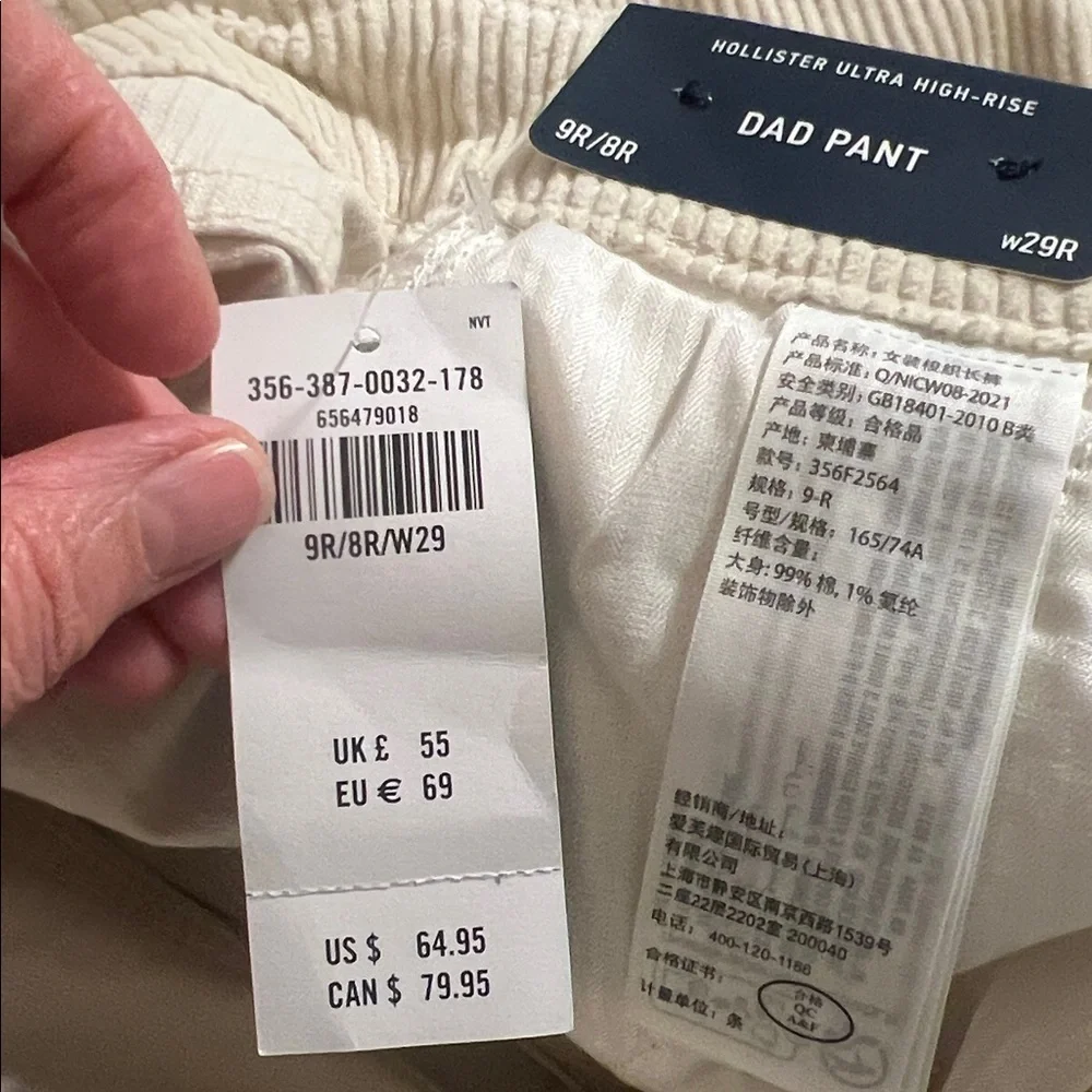 Hollister women’s ultra high-rise Dad Pant Cream corduroy size 9 waist 29 NEW